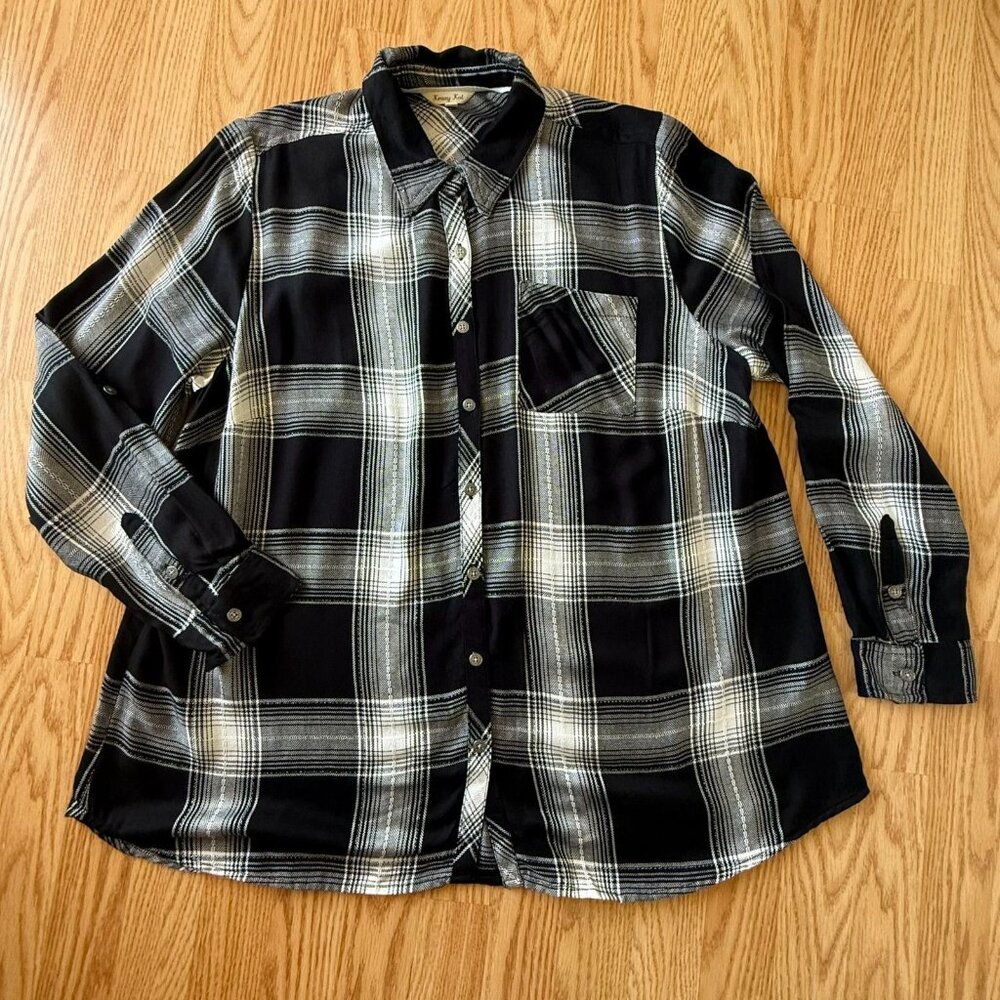 Krazy Kat Womens Black/White Plaid Button-Up Shirt Size 1X Long Sleeve Collar - Picture 3 of 12